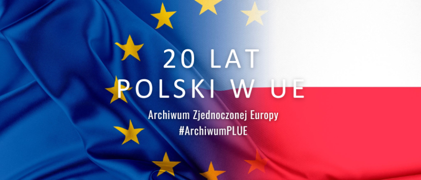 Baner promujący rocznicę. Flagi Uni Europejskiej i Polski